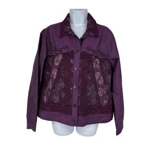 Coldwater Creek Womens Purple Lace Overlay Button-Up Jacket L